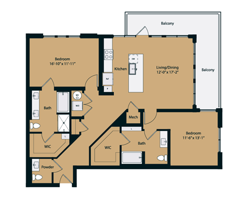 Floor plan for 2 beds, 2.5 baths, 1394 sqft